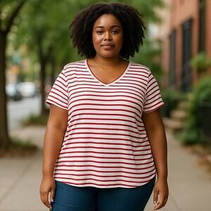 COCO & MAIN Red White Striped Short Sleeve Summer Top ~ Women's Oversized MED